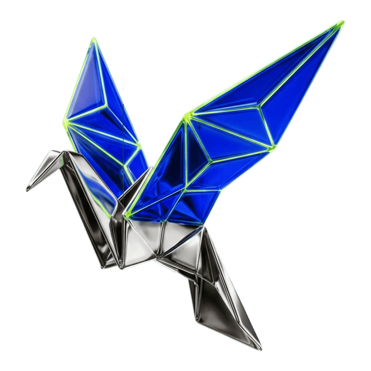 Origami bird in chrome and cobalt glass