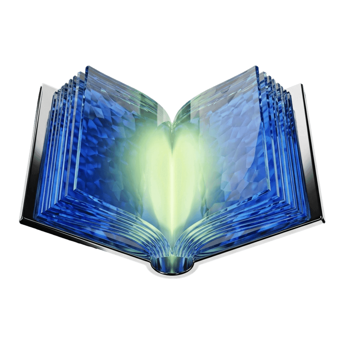 Open book of cobalt glass pages with a lime light rising