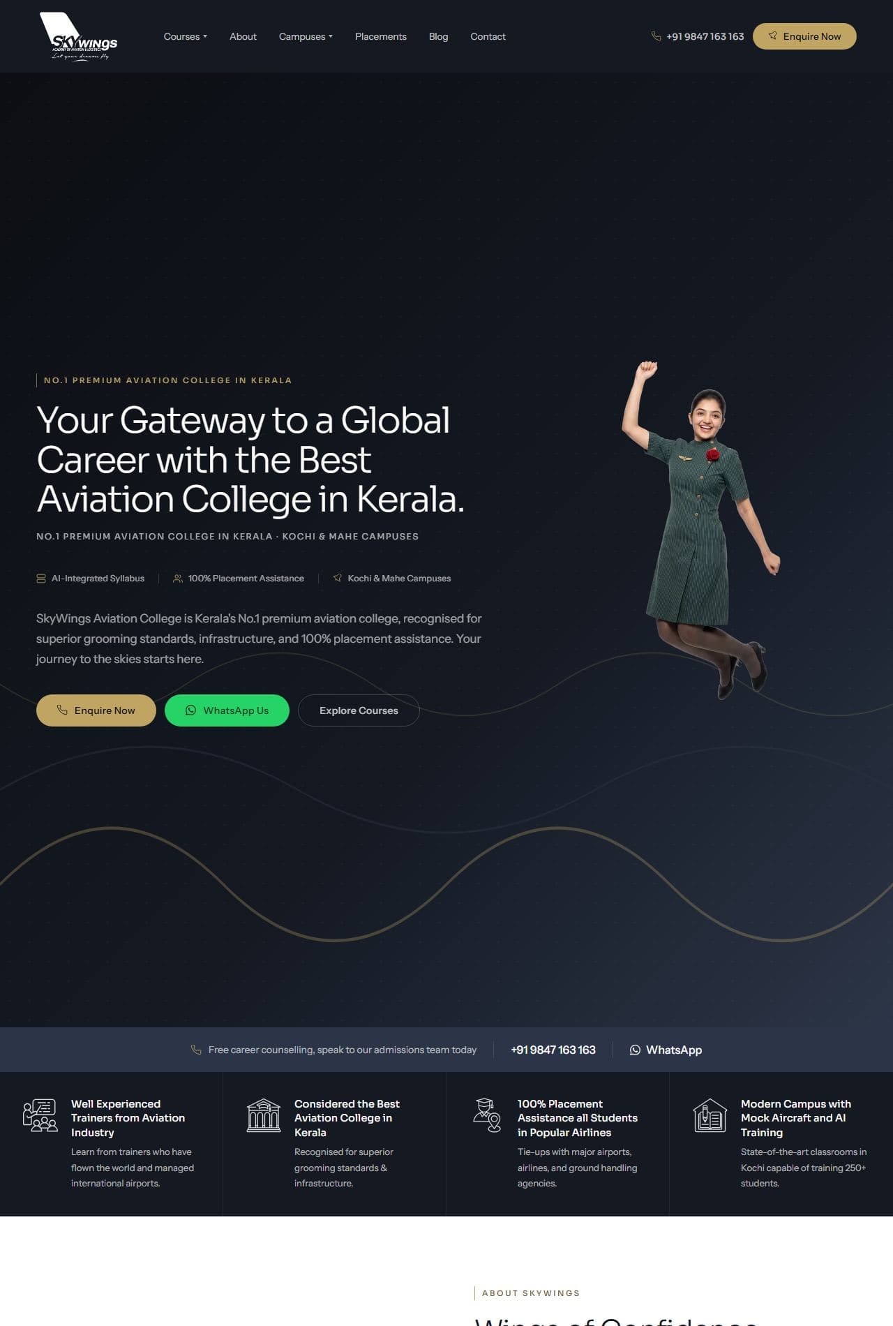 Screenshot of the Skywings Academy website