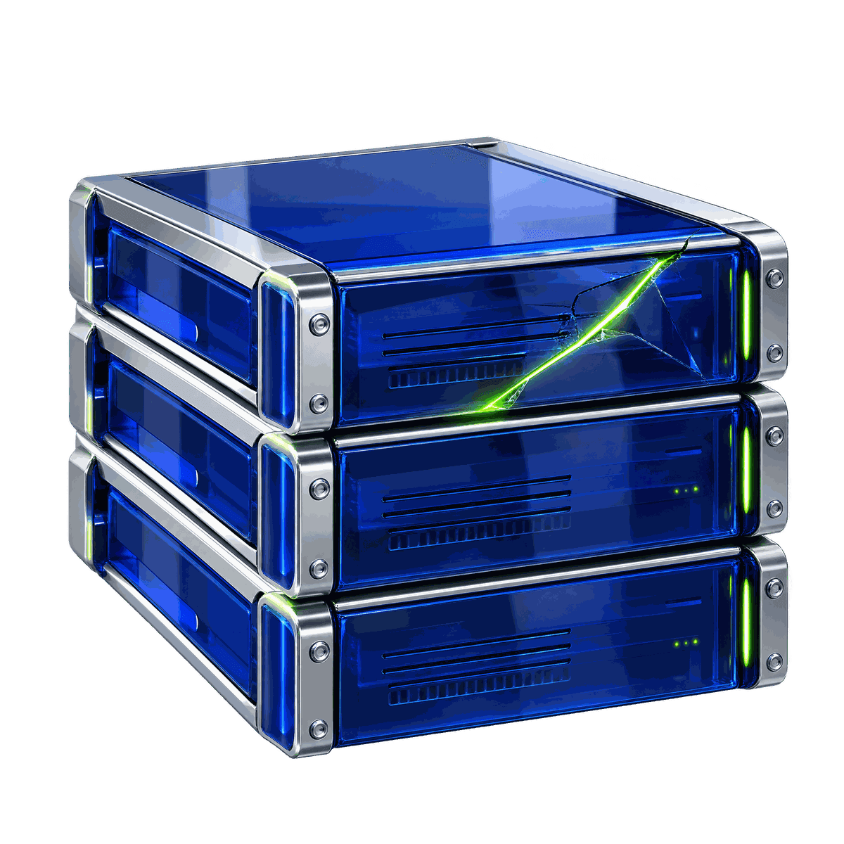A stack of cobalt glass server units, the top one cracked with lime light leaking through